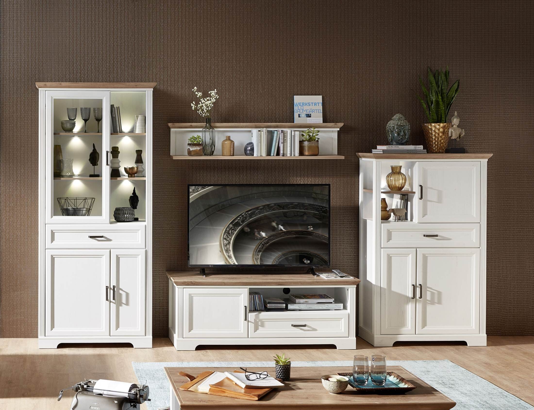 wohnwand jasmin uh82 pinie weiß nachbildung 4-teilig im landhausstil