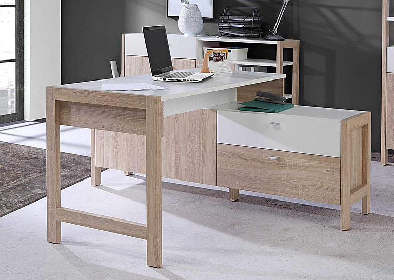 Arbeitstisch Schreibtisch HOYVIK Sonoma Weiß, Eiche Forte und Optik