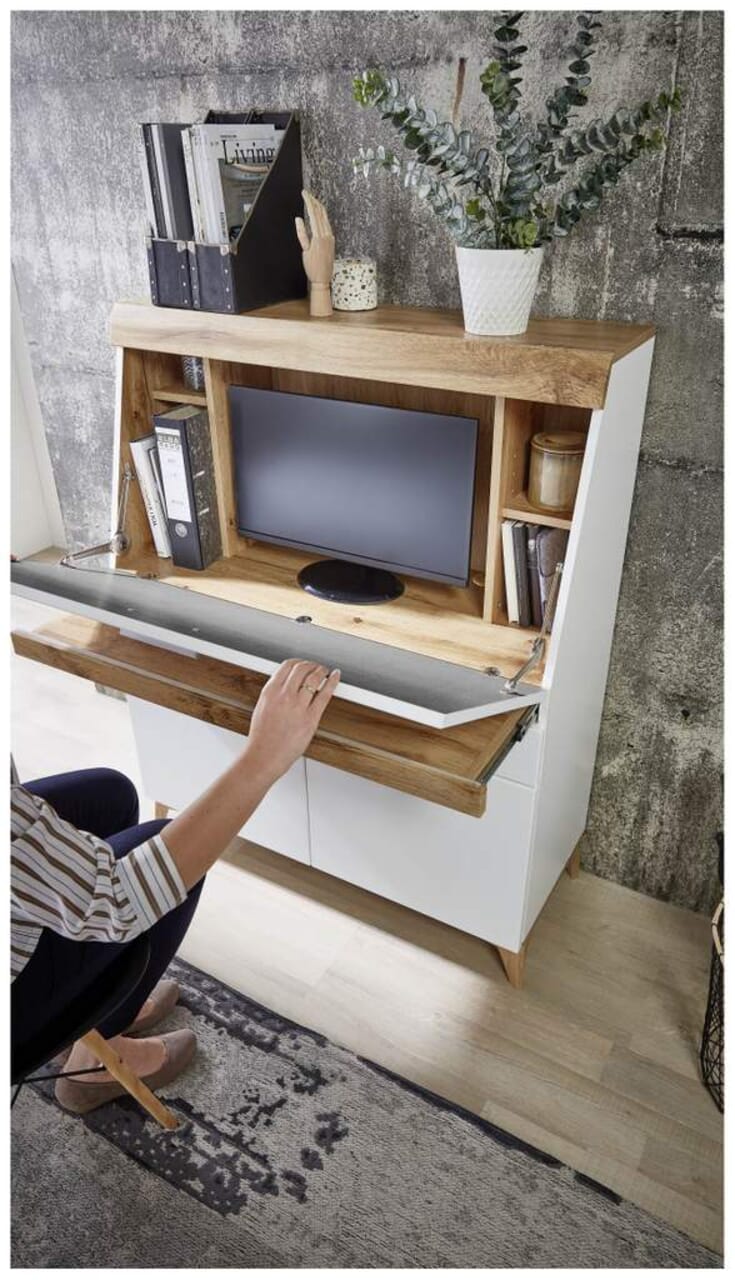 SECRET Sekretär Weiß mit Eiche Altholz mit Platz für einen Monitor