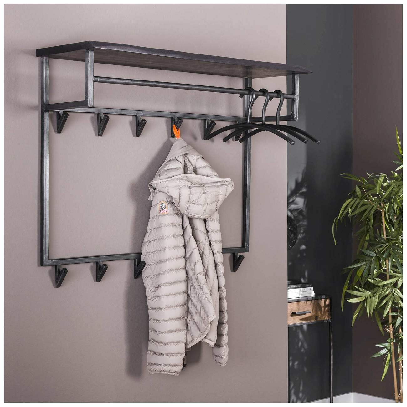 Wandgarderobe Garderobe YUKON 12 Haken Hutablage Stahl Akazie Schwarz