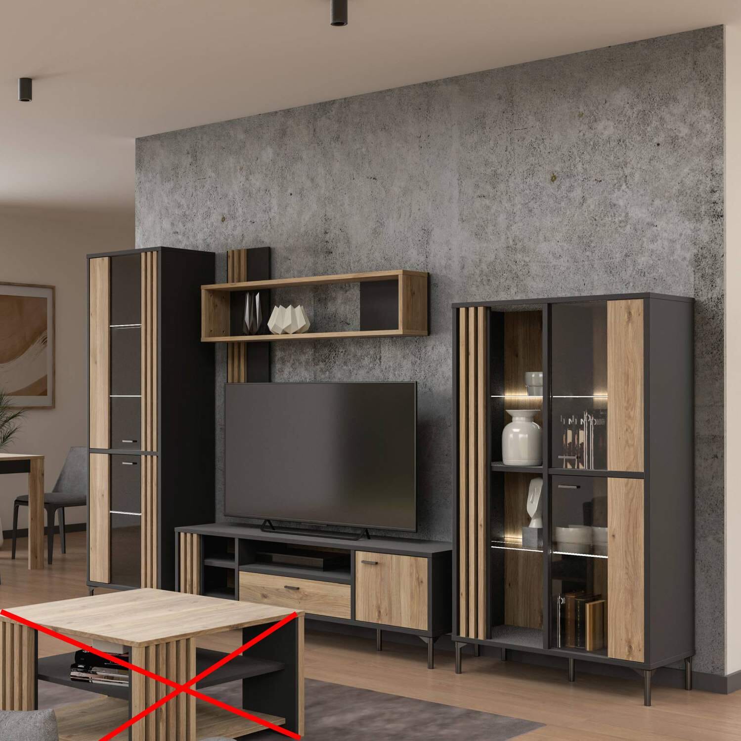 wohnzimmer wohnwand joakimis 4-tlg in schwarz und mauvella eiche optik