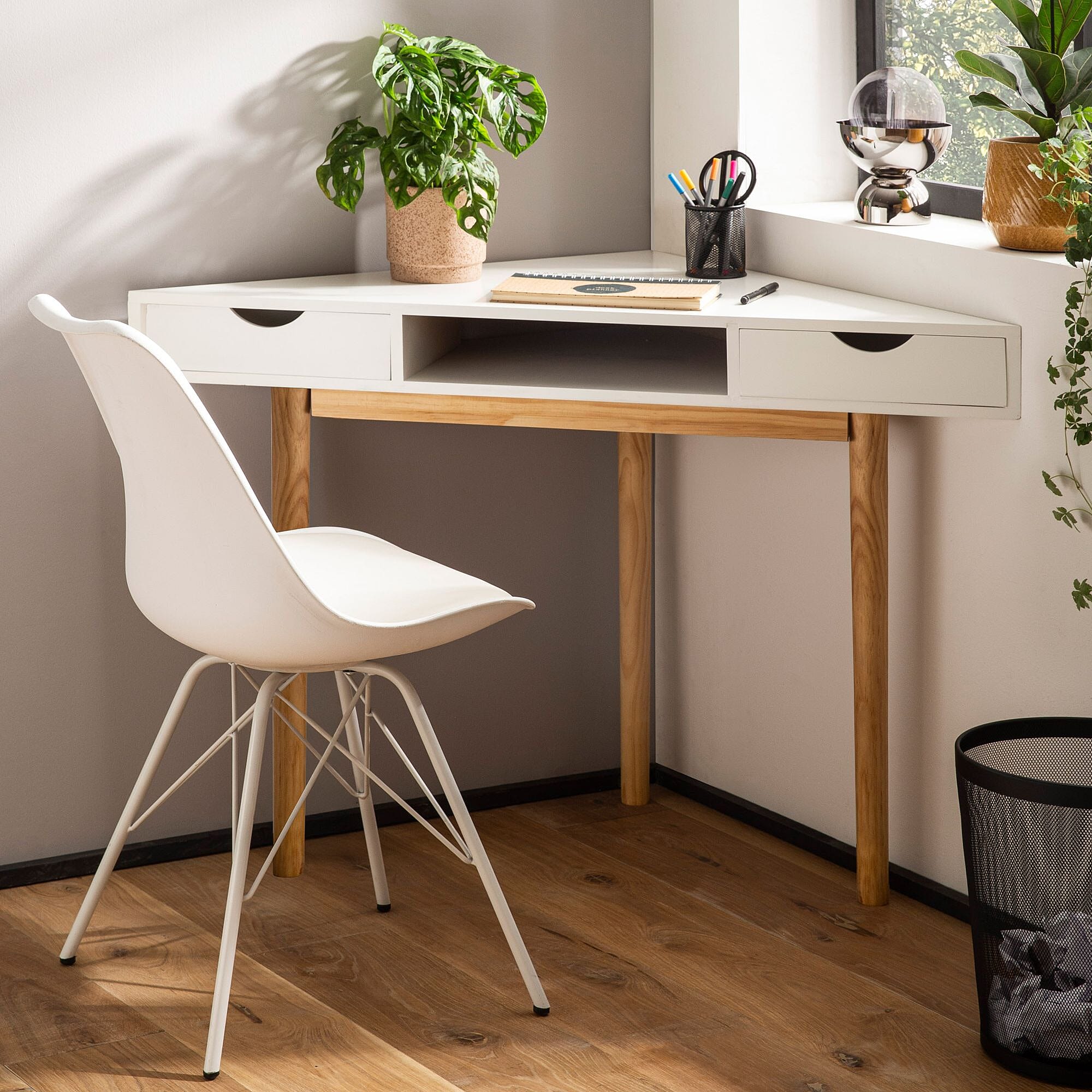 Eckschreibtisch 80x80x78cm Weiß mit Schubladen Homeoffice Holzbeine